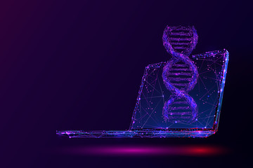 Aufkleber - Purple genetic engineering low poly wireframe illustration. 3D DNA spiral and computer with connected dots. Polygonal biotechnology and medical technology mesh art. Double helix molecule, genetic