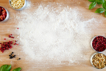  Baking cutting board and flour food background