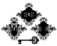 Vintage Style Ornate Keyhole And Skeleton Key - Rose Flowers Ornate Black And White Vector Silhouette Design