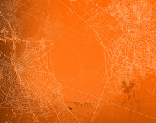 Shabby Orange Wall Covered With Spooky Spider Web - Halloween Theme Bright Copy Space Background