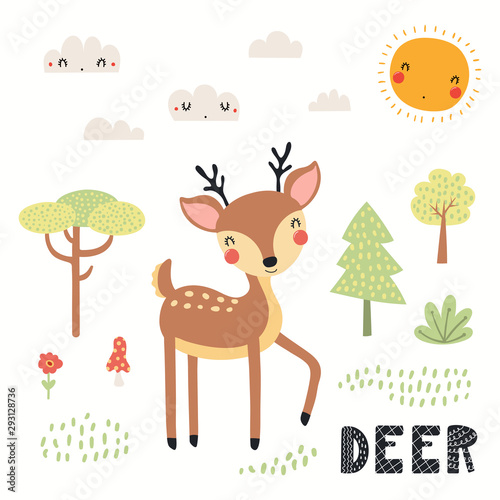 Hand drawn vector illustration of a cute deer in the forest, woodland landsca...