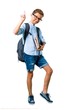 © luismolinero - Full body of Student boy with backpack and glasses counting number one sign on isolated white background