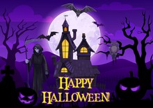 Halloween Ghosts, Bats, Pumpkin And Death Skeleton