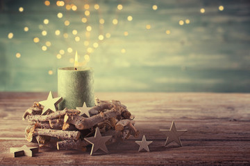 Wall Mural - first advent sunday - christmas candle with magic lights - natural advent decoration - wreath made o