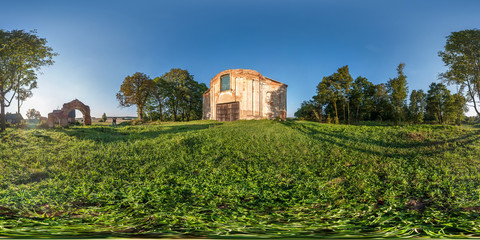 Canvas Print - Full seamless spherical hdri panorama 360 degrees angle near abandoned ruined medieval style architecture church in equirectangular spherical projection with zenith and nadir. vr content