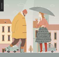 Wall Mural - Rain -walking people -modern flat vector concept illustration of people with umbrella, walking or standing in the rain in the street, city houses and cars.