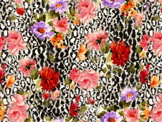 Leopard Pattern. Leopar Print. Leopard Texture. Leopard background. Floral Leopard.Floral print.Animal Skin For Textile Print, Wallpaper.Gometric And Ethnic Animal Texture Art Abstract  Background