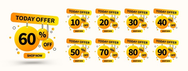 Poster - Vector yellow sale tags set. Concept design elements for use in advertising, web, print design and marketing. Trendy badges template, up to 10, 20, 30, 40, 50, 60, 70, 80, 90 percent off.