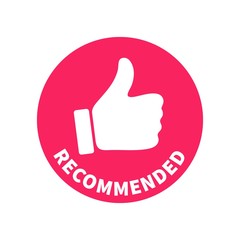 Poster - Red round tag banner - Recommended. Vector sign with thumb up and text inscribed in circular shape. Ready concept design element for use in marketing, advertising, print and web.