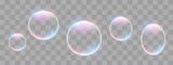 Fototapeta  - Realistic soap bubbles with rainbow reflection set isolated. 