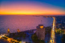 Aerial View Of Famous White Tower Of Thessaloniki At Sunset, Greece.