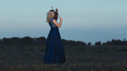 Wall Mural - beautiful young woman in long dress playing violin in field, girl figure on horizon on nature engaged in musical art, concept passion in music