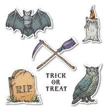 Vintage Style Halloween Stickers Set. Hand Drawn Owl, Bat, Candle, Tombstone And Crossed Broom And Scythe Sketch Symbols Collection. Soft Shadows.