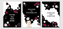 Wonderland Set Of Card. Tea Flows Out Of Cup. Alice With Roses In Hair.  Roses, Keys And Clocks Fall Down Rabbit Hole.  Inscriptions  We're All Mad Here, Welcome To Wonderland, Curiouser And Curiouser