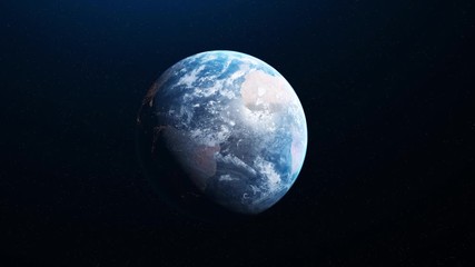 Poster - Abstract planet Earth on dark space with many stars on the background. Animation. Realistic world globe spinning slowly under the light of the sun.