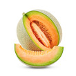whole and slice of japanese melons, or cantaloupe with seeds isolated on white background