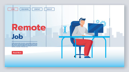Poster - Remote job landing page vector template. Freelance, outsourcing website interface idea with flat illustrations. Distance work homepage layout. Technical support web banner, webpage cartoon concept