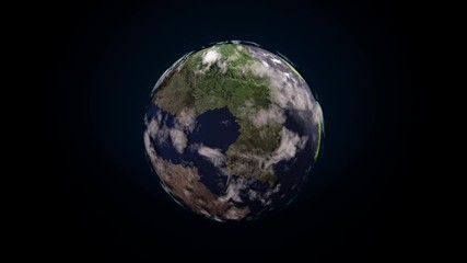 Poster - View through clouds on the Earth from space, seamless loop. Animation. Abstract homeworld, amazing blue globe spinning on black cosmos background with many white stars.