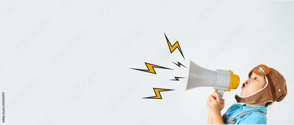 Cute funny girl with megaphone on color background. Space for text - obrazy, fototapety, plakaty 