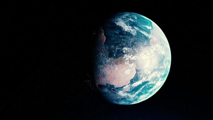 Poster - Abstract beautiful sunrise world skyline, planet Earth from space. Animation. Rotating planet Earth under the bright Sun in outer space, astronomy concept.