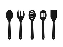 Black Wooden Spoons On White Background. Silhouettes Of Mixing Spoon, Spatula, Fork, Strainer. Cooking Tools Icons. Kitchen Utensils Made Of Wood. Kitchen Equipment Set. Vector Illustration, Flat. 