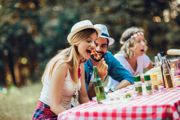 Group of friends enjoying a lunch time together in the nature.