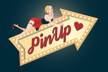 Pin-up girl with light arrow. Retro style sexy woman and vintage pointer.