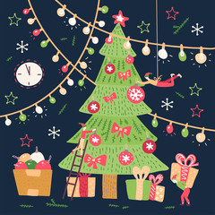 small people characters decorating big christmas tree. new year decoration. fantasy little people in