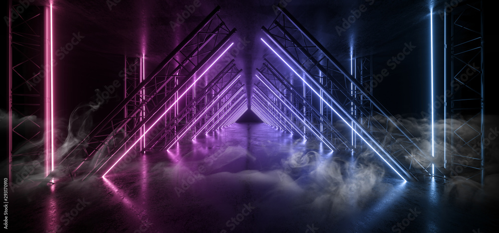 Smoke Sci Fi Triangle Purple Blue Neon Laser Tunnel Beam Construction Stage Concrete Grunge Dark Empty Podium Virtual Futuristic Future Night Show 3D Rendering - obrazy, fototapety, plakaty 