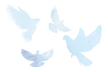 Doves Silhouettes In Tender Pastel Blue Colors, Peace, Spring, Easter Elements White Isolated.