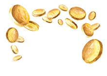 Falling Gold Coins, Golden Rain,  Falling Money. Jackpot Or Success Concept. Watercolor Hand Drawn Illustration, Isolated On White Background