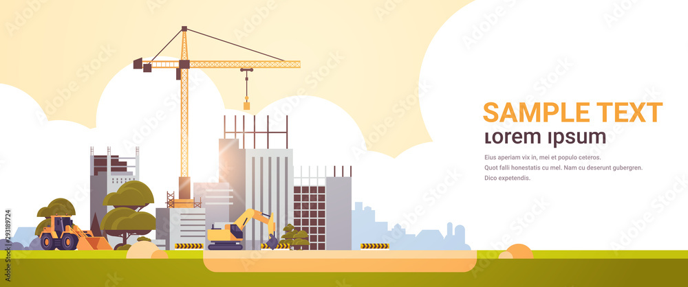 modern construction site with cranes tractor and bulldozer unfinished building exterior sunset background flat horizontal copy space - obrazy, fototapety, plakaty 