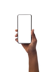Fototapete - Woman's hand holding smartphone with blank screen, isolated on white background
