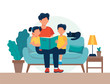 Dad reading for kids. Family sitting on the sofa with book. Cute vector illustration in flat style