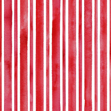 Watercolor Red Stripes On White Background. White And Red Striped Seamless Pattern