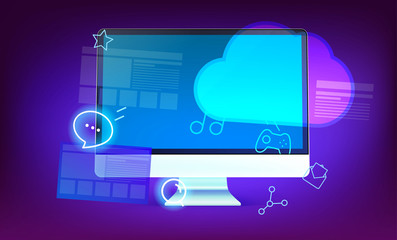 Poster - Modern cloud technology concept illustration. Modern computer with shining icons and cloud