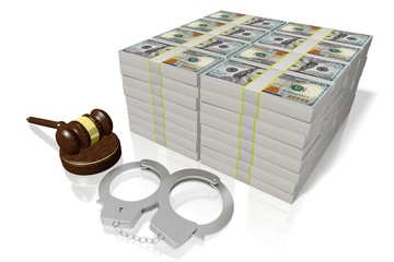 3D law concept - handcuffs, money, gavel