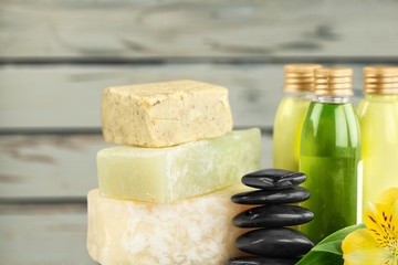 Poster - Oil spa and Wellness Setting on wooden background