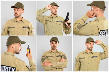 Wall Mural - Collage of male security guard on grey background