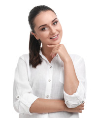 Wall Mural - Beautiful young woman in casual outfit on white background