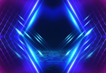 Poster - Empty background scene. Dark street reflection on wet asphalt. Rays of neon light in the dark, neon shapes, smoke. Background of an empty stage show. Abstract dark background.