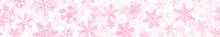 Christmas Horizontal Seamless Banner Of Many Layers Of Snowflakes Of Different Shapes, Sizes And Transparency. Pink On White