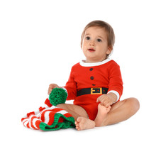 Cute Little Baby Wearing Festive Christmas Costume On White Background