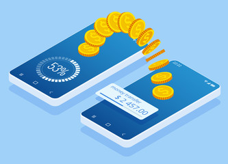 isometric money transfer online. money wallet and financial savings transfer or pay transaction conc
