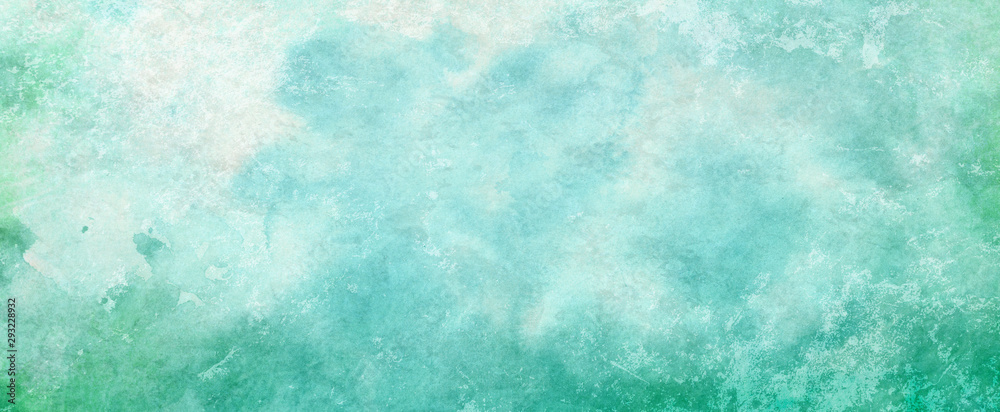 Blue green watercolor paint splash or blotch background with fringe bleed wash and bloom design, blobs of paint and old vintage watercolor paper texture grain - obrazy, fototapety, plakaty 
