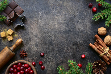 Culinary background with christmas winter spices and ingredients for baking. Top view with copy space.