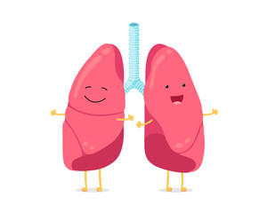 Cute cartoon funny lungs character. Strong smiling lung. Human respiratory system happy internal organ mascot. Healthy anatomy flat vector illusrtation