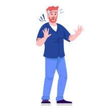 Scared Man Flat Vector Illustration. Stressed Emotions. Person With Shocked Facial Expression And Frightened Gesture With His Palms Isolated Cartoon Character With Outline Elements On White Background
