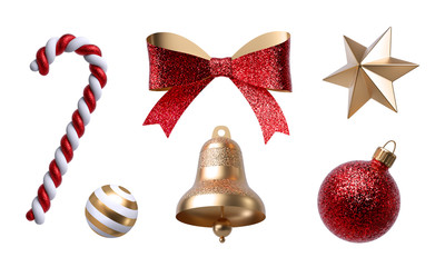 3d christmas clip art. set of design elements, isolated on white background. golden bell, paper bow,