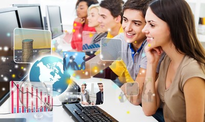 Sticker - Group of Students with computers at lesson in classroom